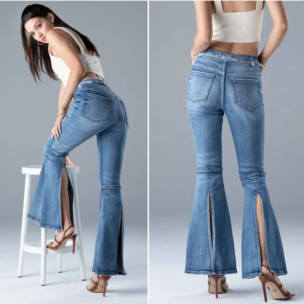 CEROS Mid Rise Super Flare JEANS Size 31 Blue Denim Back Slit NEW
